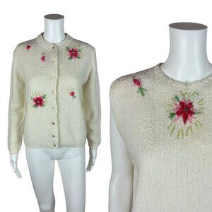 Vintage 60s Sweater Set Women's Medium Pink Floral White Acrylic Cardigan Top
